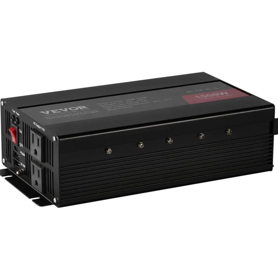 VEVOR Modified Sine Wave Inverter, 1500W, DC 12V to AC 120V Power Inverter with 2 AC Outlets 2 USB Port 1 Type-C Port 6 Spare Fuses, for Small Home Devices like Smartphone Laptop, CE FCC Certified