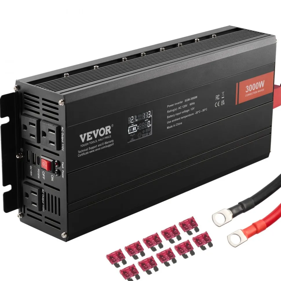 VEVOR Modified Sine Wave Inverter, 3000Watt, DC 12V to AC 120V LCD Display Power Inverter with 3 AC Outlets 2 USB Port 1 Type-C Port 10 Spare Fuses, for Large Household Equipment, CE FCC Certified