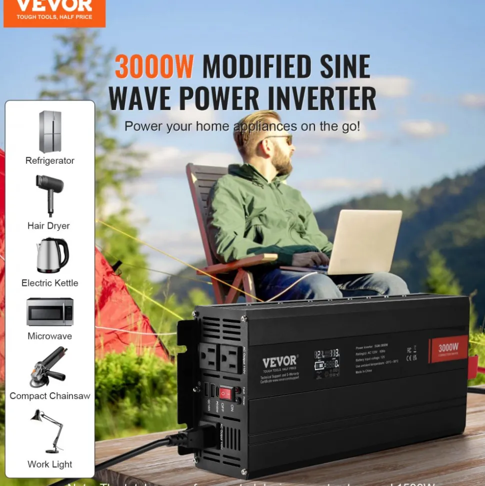 VEVOR Modified Sine Wave Inverter, 3000Watt, DC 12V to AC 120V LCD Display Power Inverter with 3 AC Outlets 2 USB Port 1 Type-C Port 10 Spare Fuses, for Large Household Equipment, CE FCC Certified