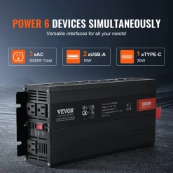 VEVOR Modified Sine Wave Inverter, 3000Watt, DC 12V to AC 120V LCD Display Power Inverter with 3 AC Outlets 2 USB Port 1 Type-C Port 10 Spare Fuses, for Large Household Equipment, CE FCC Certified