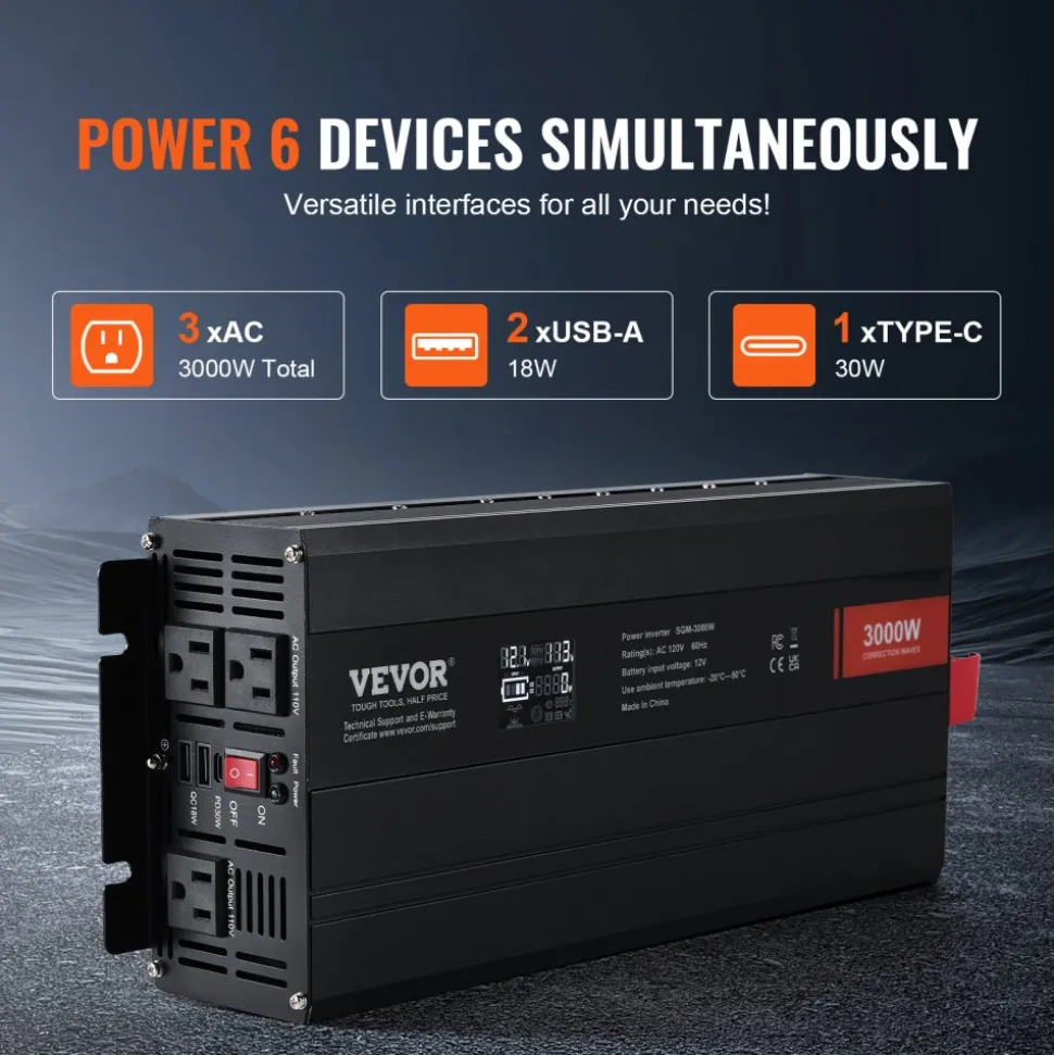 VEVOR Modified Sine Wave Inverter, 3000Watt, DC 12V to AC 120V LCD Display Power Inverter with 3 AC Outlets 2 USB Port 1 Type-C Port 10 Spare Fuses, for Large Household Equipment, CE FCC Certified