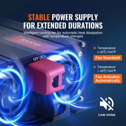 VEVOR Modified Sine Wave Inverter, 3000Watt, DC 12V to AC 120V LCD Display Power Inverter with 3 AC Outlets 2 USB Port 1 Type-C Port 10 Spare Fuses, for Large Household Equipment, CE FCC Certified