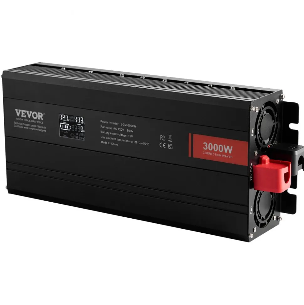 VEVOR Modified Sine Wave Inverter, 3000Watt, DC 12V to AC 120V LCD Display Power Inverter with 3 AC Outlets 2 USB Port 1 Type-C Port 10 Spare Fuses, for Large Household Equipment, CE FCC Certified