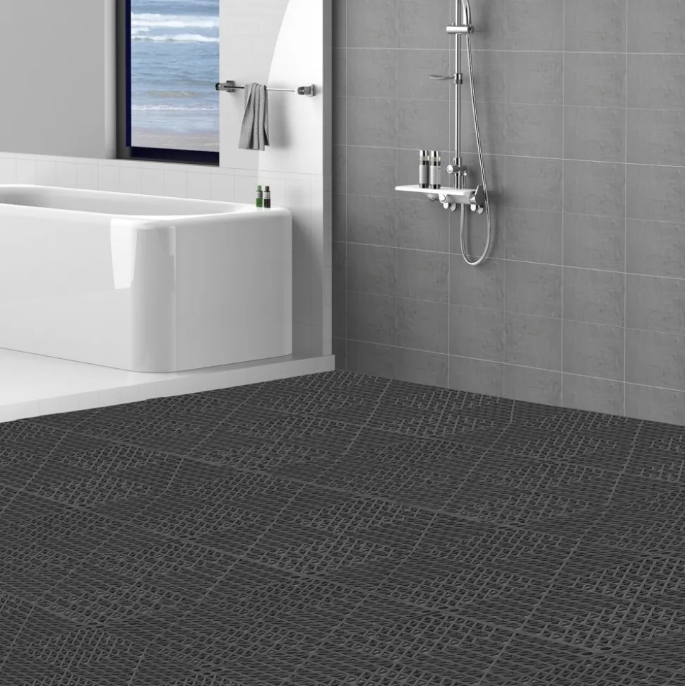 VEVOR Modular Interlocking Cushion, 12 Pack 12" x 12" Splicing Drainage Mats, Soft PVC Interlocking Drainage Floor Tiles, Non-Slip Drainage Holes for Restroom, Bathroom, Kitchen, Pool, Wet Areas, Blac