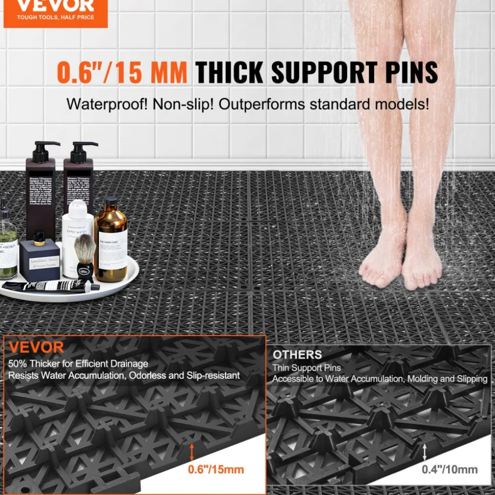VEVOR Modular Interlocking Cushion, 12 Pack 12" x 12" Splicing Drainage Mats, Soft PVC Interlocking Drainage Floor Tiles, Non-Slip Drainage Holes for Restroom, Bathroom, Kitchen, Pool, Wet Areas, Blac