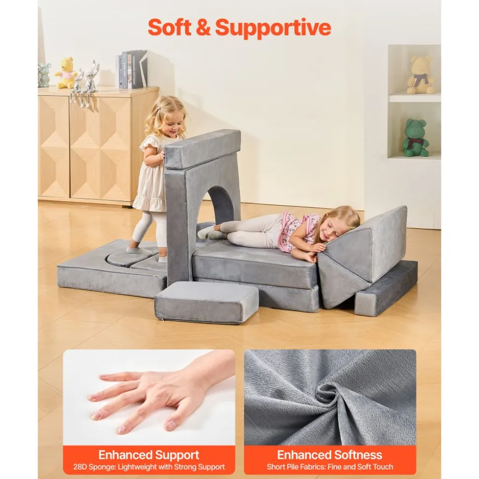 VEVOR Modular Kids Play Couch, Sectional Toddler Sofa with Armrests, 28D Sponge & Short Pile, Convertible Kids Modular Couch DIY Creative Combination for Playroom, Bedroom, Living Room, 14 Pcs, Gray