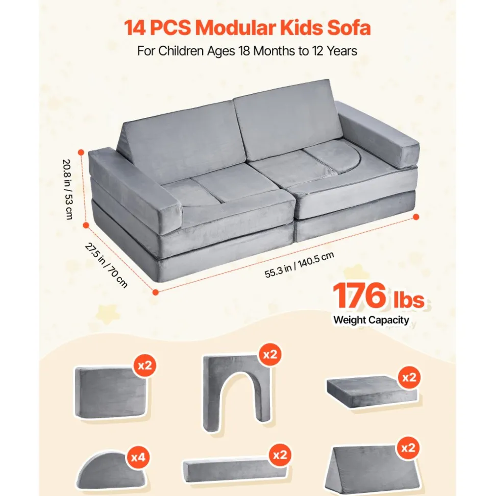 VEVOR Modular Kids Play Couch, Sectional Toddler Sofa with Armrests, 28D Sponge & Short Pile, Convertible Kids Modular Couch DIY Creative Combination for Playroom, Bedroom, Living Room, 14 Pcs, Gray
