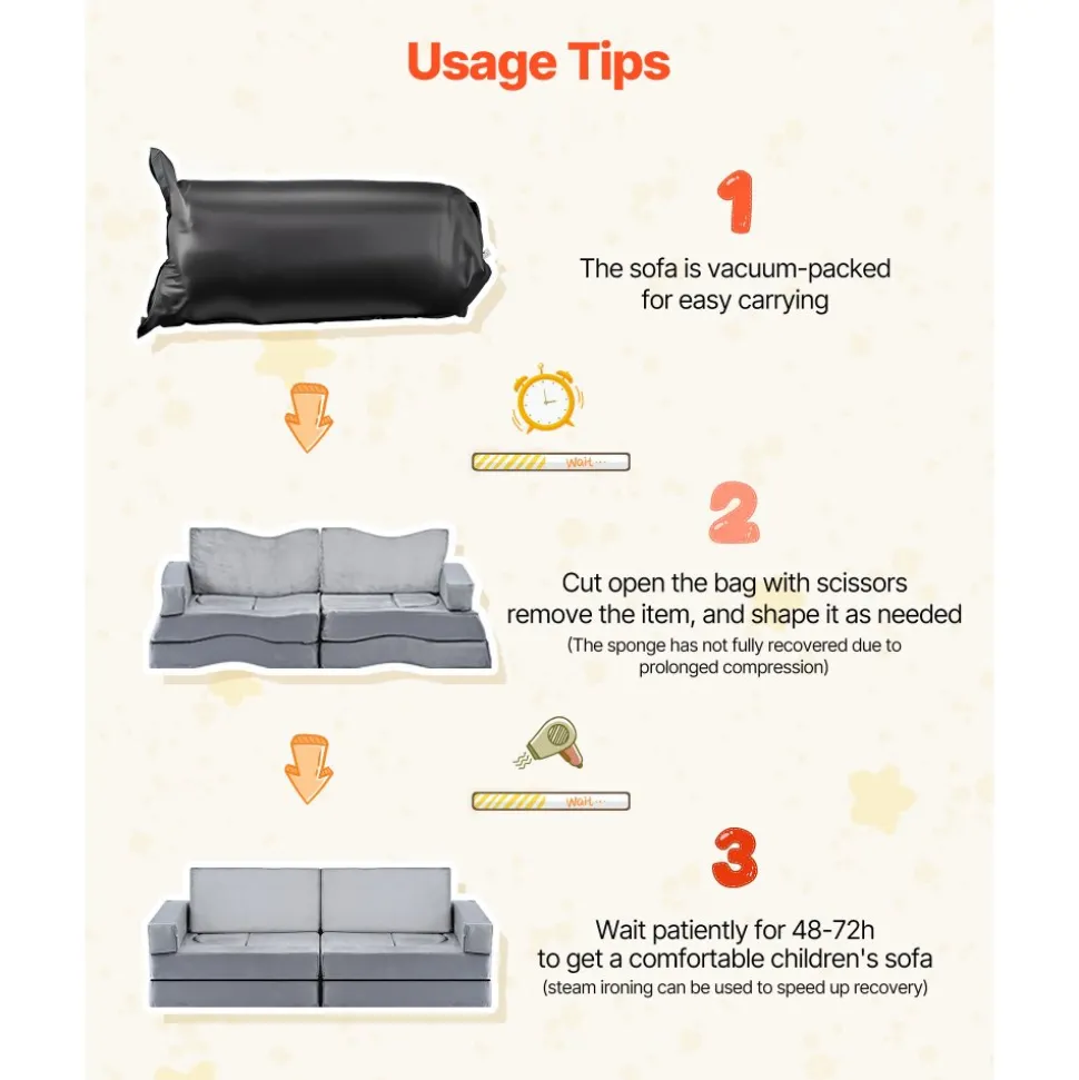 VEVOR Modular Kids Play Couch, Sectional Toddler Sofa with Armrests, 28D Sponge & Short Pile, Convertible Kids Modular Couch DIY Creative Combination for Playroom, Bedroom, Living Room, 14 Pcs, Gray