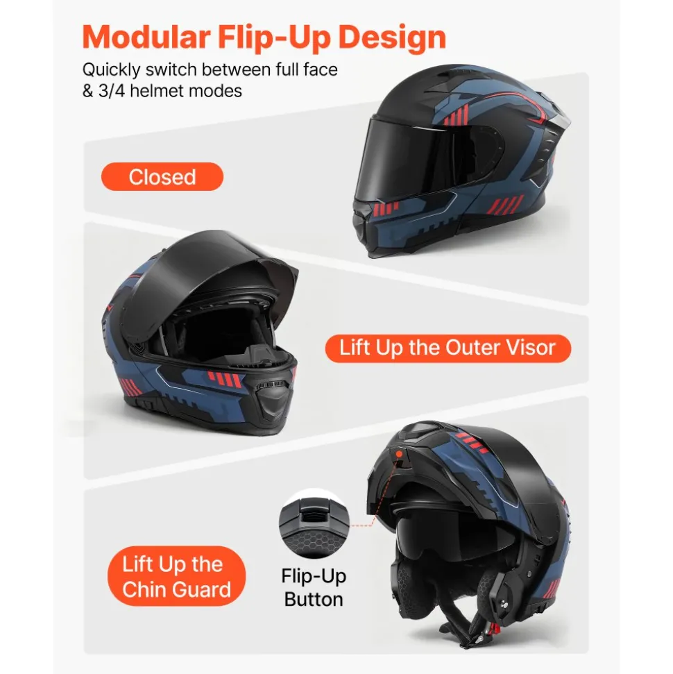 VEVOR Modular Motorcycle Helmet, Flip up Full Face Helmet with Dual Visor, Lightweight Comfortable Adult Motocross Street Bike Helmet for Men and Women - DOT & ECE Approved (M Size)