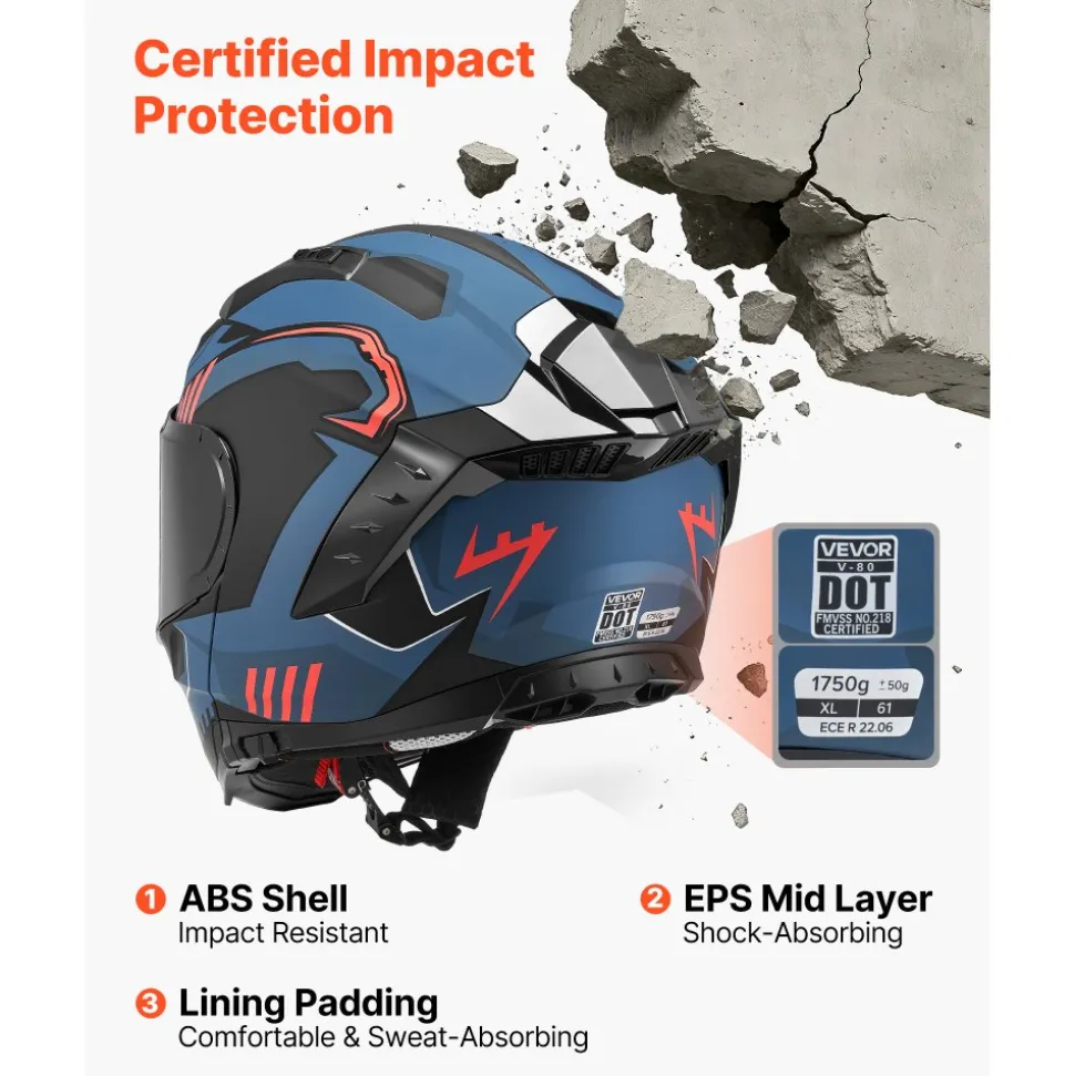 VEVOR Modular Motorcycle Helmet, Flip up Full Face Helmet with Dual Visor, Lightweight Comfortable Adult Motocross Street Bike Helmet for Men and Women - DOT & ECE Approved (M Size)
