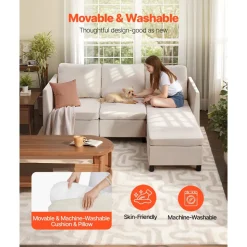VEVOR Modular Sectional Sofa, 3-Seater Modular Sofa with Hidden Storage, Cloud Sectional Couch with Ottoman & High Rebound Sponge, Solid Wood Frame Upholstered Couch for Living Room, Bedroom, Beige
