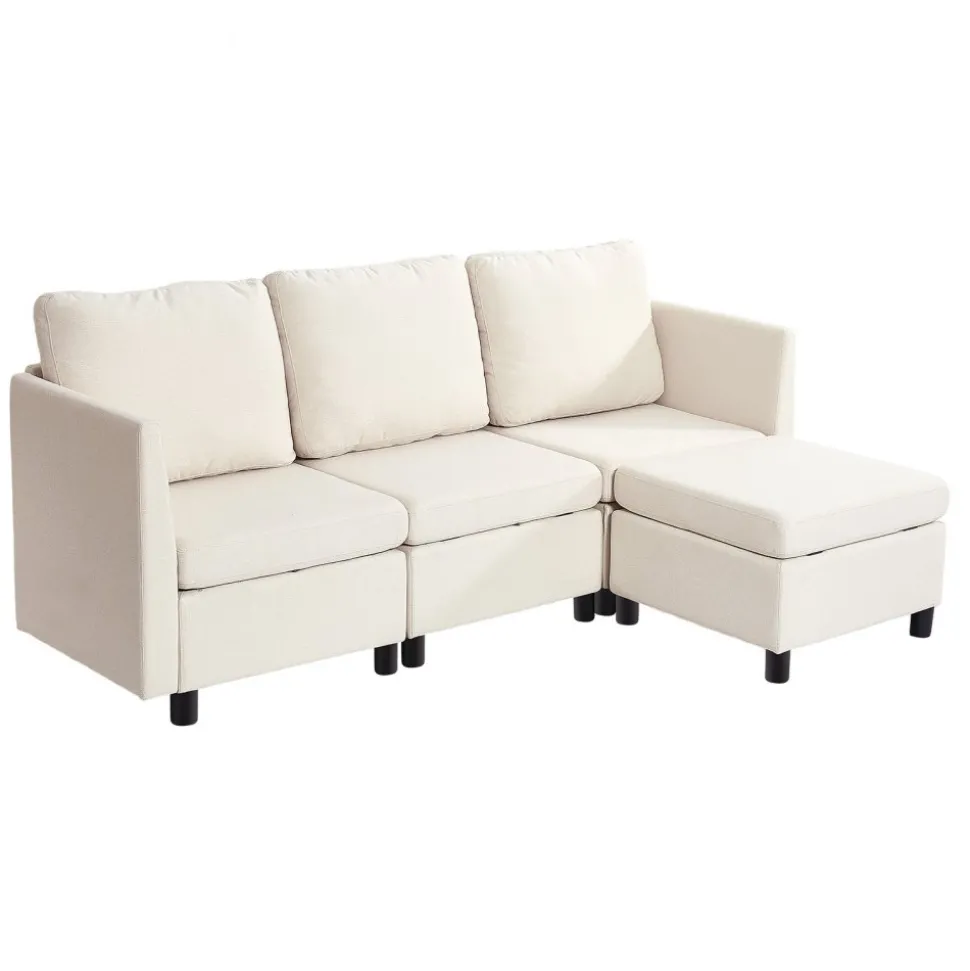 VEVOR Modular Sectional Sofa, 3-Seater Modular Sofa with Hidden Storage, Cloud Sectional Couch with Ottoman & High Rebound Sponge, Solid Wood Frame Upholstered Couch for Living Room, Bedroom, Beige