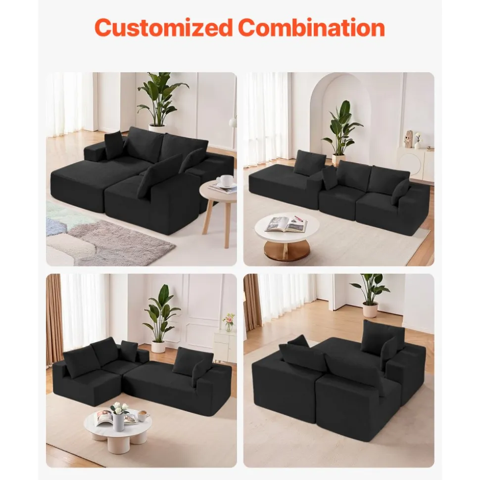 VEVOR Modular Sectional Sofa, L Shaped Modular Sofa with Chaise, Cloud Sectional Couch with High Rebound Sponge and Density, Upholstered Corduroy Couch with Cushion for Living Room, Bedroom, Black