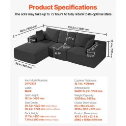 VEVOR Modular Sectional Sofa, L Shaped Modular Sofa with Chaise, Cloud Sectional Couch with High Rebound Sponge and Density, Upholstered Corduroy Couch with Cushion for Living Room, Bedroom, Black