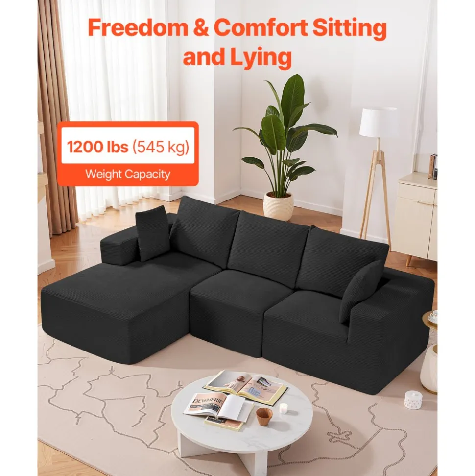 VEVOR Modular Sectional Sofa, L Shaped Modular Sofa with Chaise, Cloud Sectional Couch with High Rebound Sponge and Density, Upholstered Corduroy Couch with Cushion for Living Room, Bedroom, Black