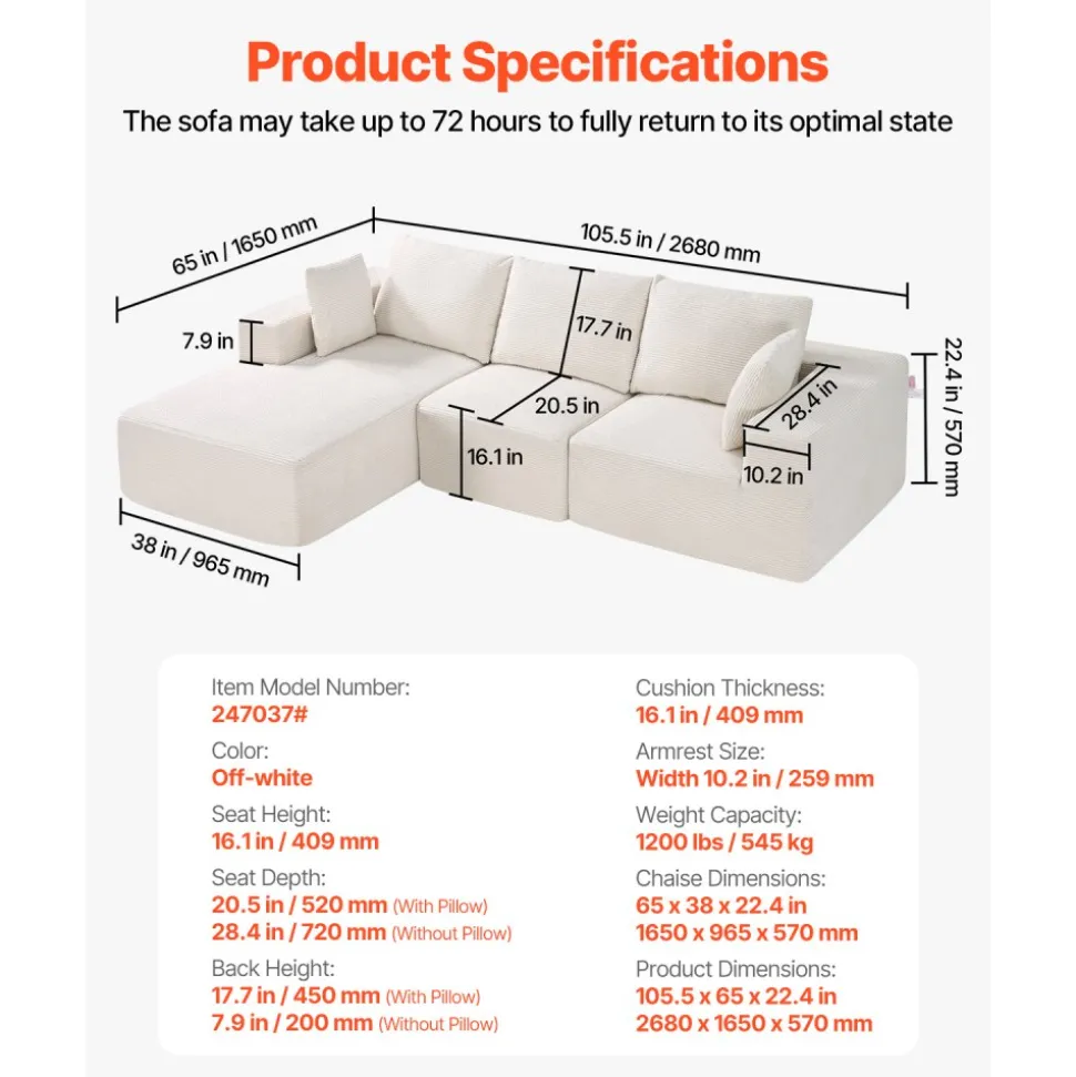 VEVOR Modular Sectional Sofa, L Shaped Modular Sofa Deep Seat, Cloud Sectional Couch with High Rebound Sponge and Density, Upholstered Corduroy Couch with Cushion for Living Room, Bedroom, Beige