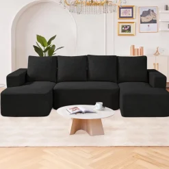 VEVOR Modular Sectional Sofa, L Shaped Modular Sofa Deep Seat, Cloud Sectional Couch with High Rebound Sponge and Density, Upholstered Corduroy Couch with Cushion for Living Room, Bedroom, Black