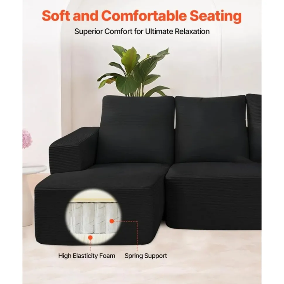 VEVOR Modular Sectional Sofa, U Shaped Modular Sofa with Chaise, Cloud Sectional Couch with High Rebound Sponge and Density, Upholstered Corduroy Couch with Cushion for Living Room, Bedroom, Black
