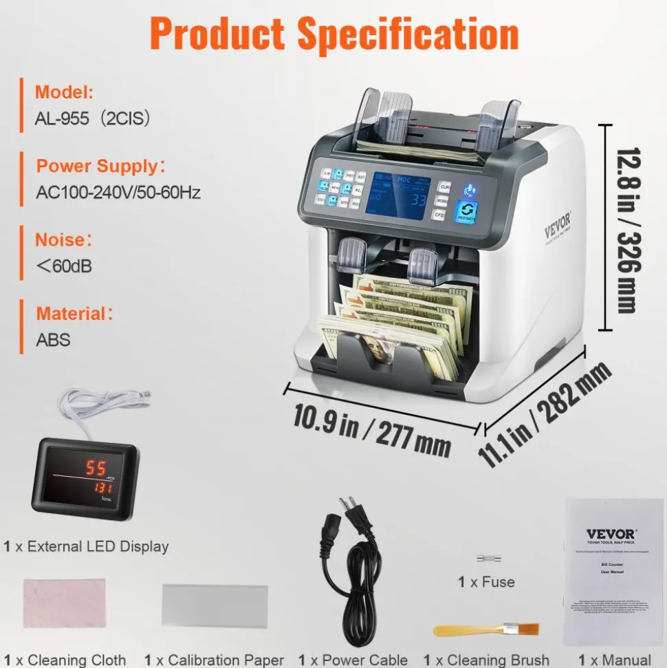 VEVOR Money Counter Machine, Bill Counter with Mixed Denomination, 2CIS, SN, UV, IR, MG, DD Counterfeit Detection, Multi Currency, Value Counting Cash Counter and Sorter, Printer Enabled