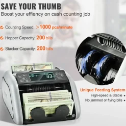 VEVOR Money Counter Machine, Bill Counter with UV, MG, IR and DD Counterfeit Detection, USD & EUR Cash Counting Machine with Large LCD & External Display for Small Business