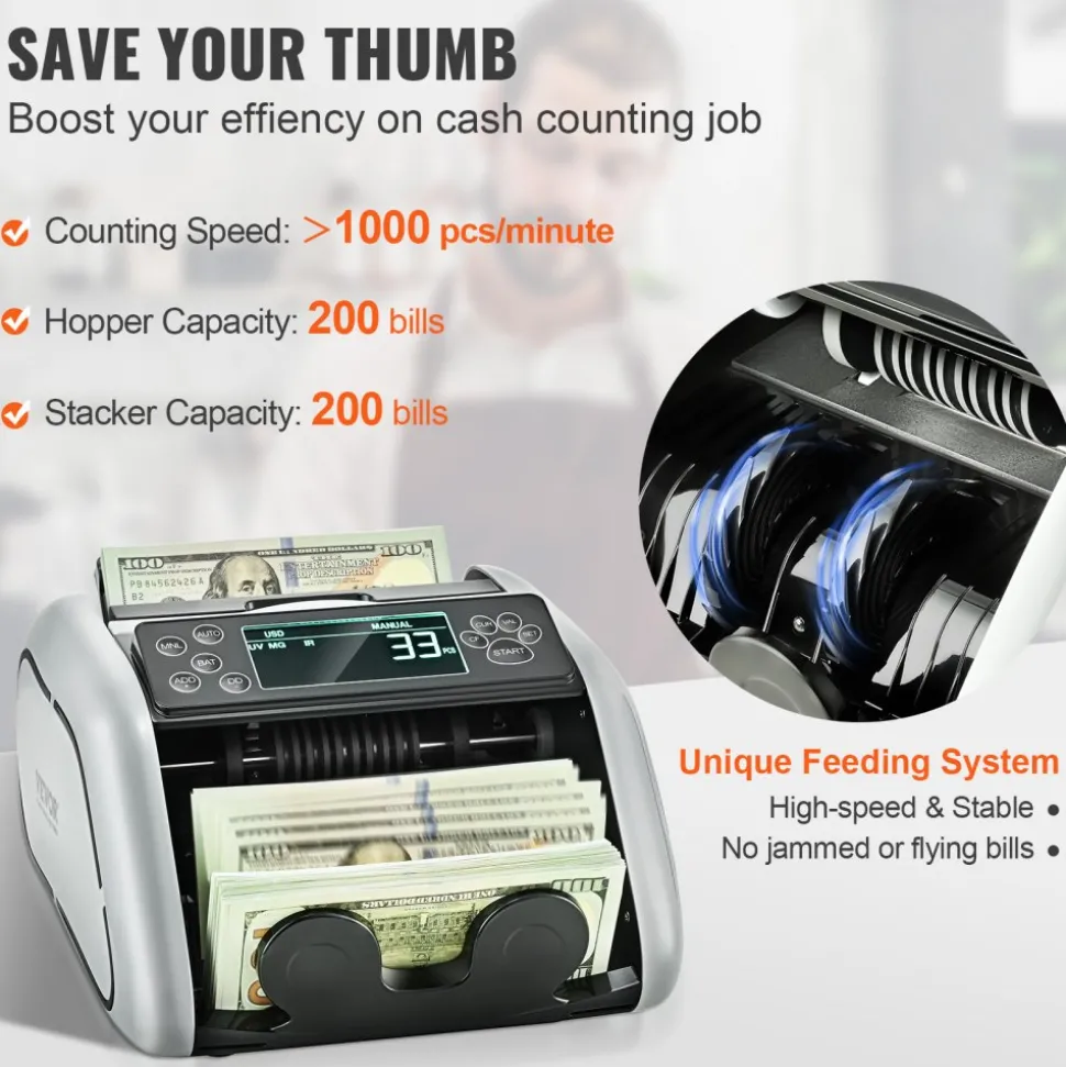 VEVOR Money Counter Machine, Bill Counter with UV, MG, IR and DD Counterfeit Detection, USD & EUR Cash Counting Machine with Large LCD & External Display for Small Business