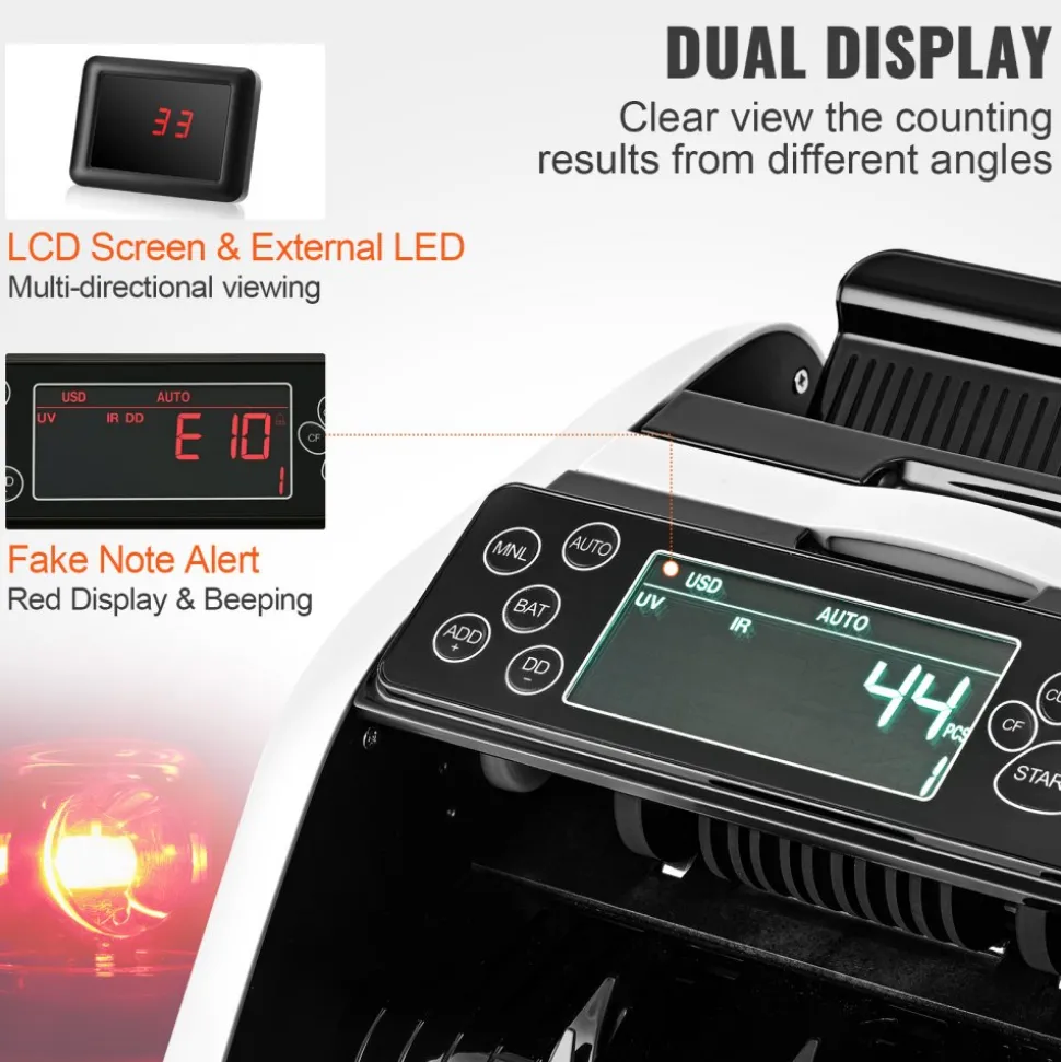 VEVOR Money Counter Machine, Bill Counter with UV, MG, IR and DD Counterfeit Detection, USD & EUR Cash Counting Machine with Large LCD & External Display for Small Business