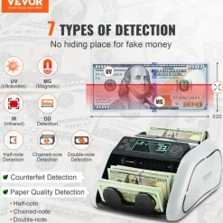 VEVOR Money Counter Machine, Bill Counter with UV, MG, IR and DD Counterfeit Detection, USD & EUR Cash Counting Machine with Large LCD & External Display for Small Business