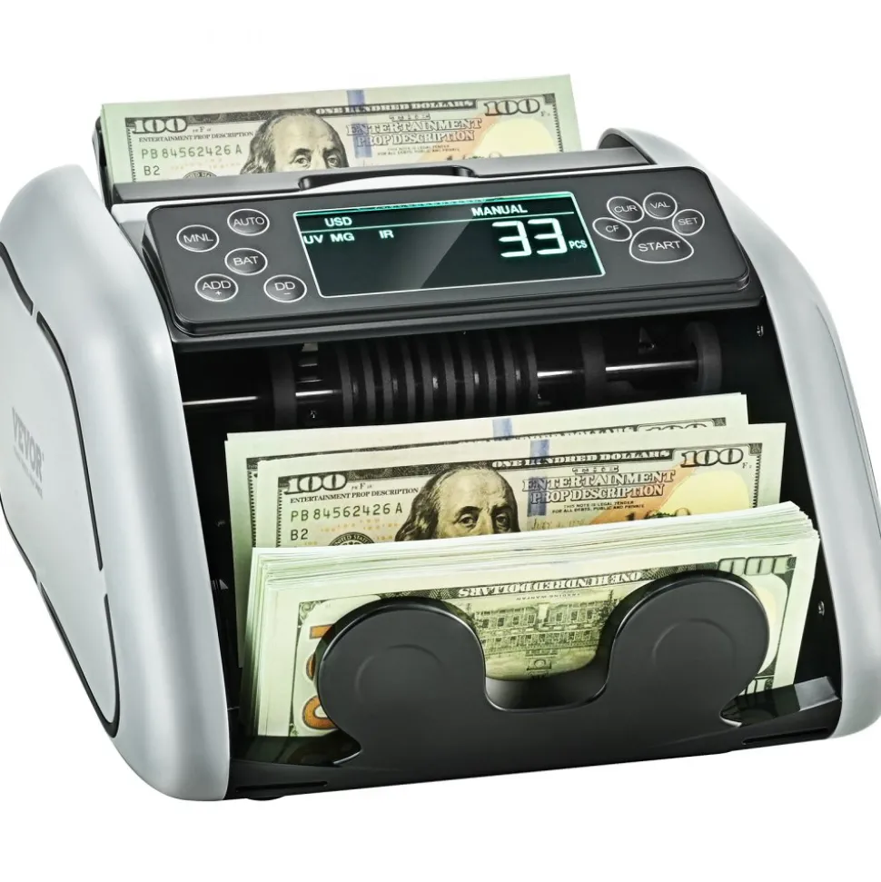 VEVOR Money Counter Machine, Bill Counter with UV, MG, IR and DD Counterfeit Detection, USD & EUR Cash Counting Machine with Large LCD & External Display for Small Business