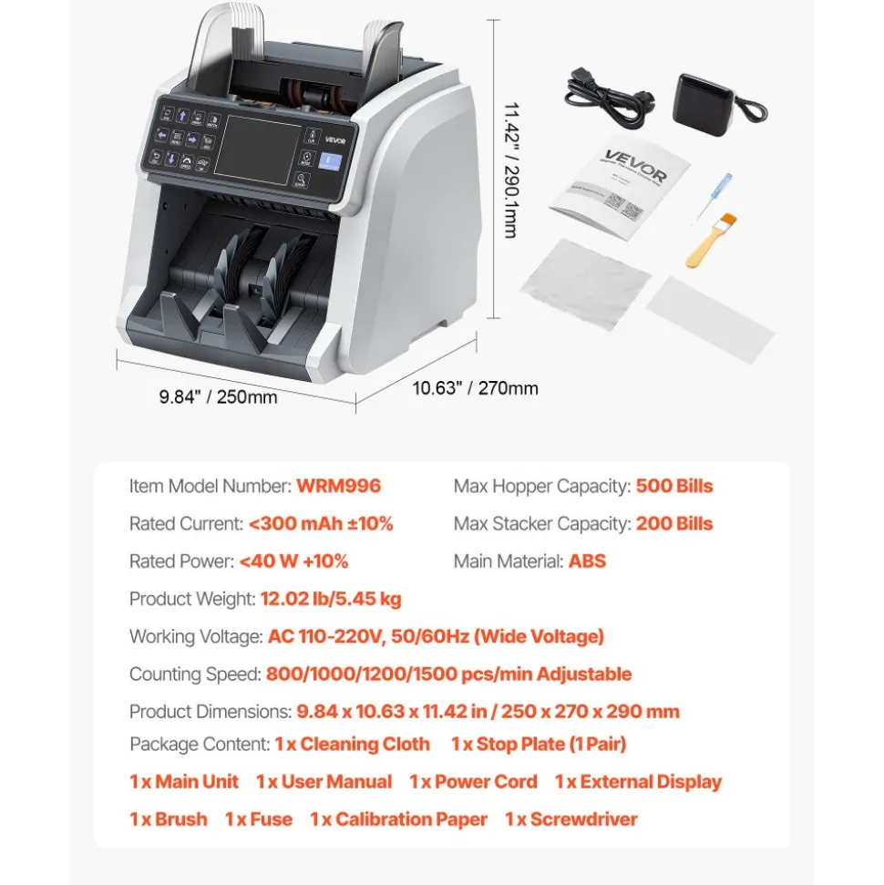 VEVOR Money Counter Machine, Mixed Denomination Bill Cash Counter with CIS/UV/MG/IR/DD/DBL/HLF/CHN Counterfeit Detection, Multi-Currency Support, Money Counting Machine with External Display