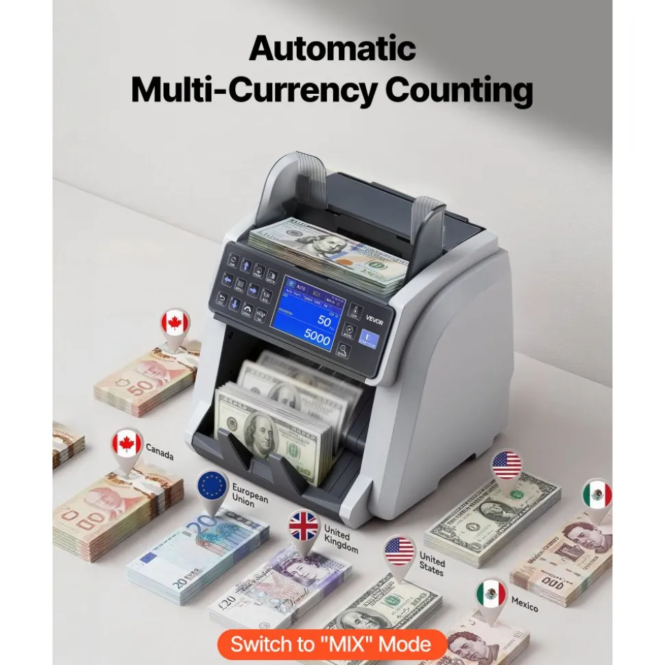 VEVOR Money Counter Machine, Mixed Denomination Bill Cash Counter with CIS/UV/MG/IR/DD/DBL/HLF/CHN Counterfeit Detection, Multi-Currency Support, Money Counting Machine with External Display