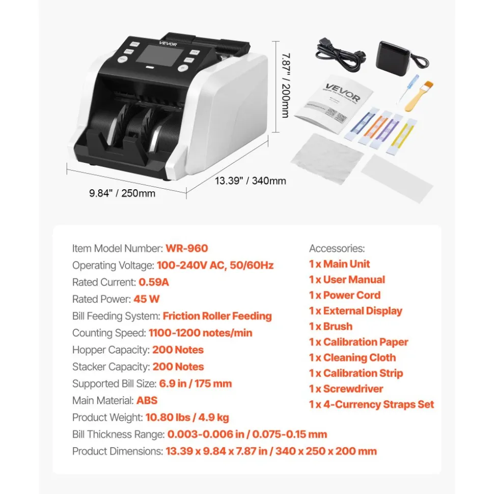 VEVOR Money Counter Machine, 1200 Notes/Minute, Cash Counter with Value Count, UV/MG/IR/DD/DBL/HLF/CHN Counterfeit Detection, TFT Display, Money Counting Machine Mixed Denomination for Dollar and Euro