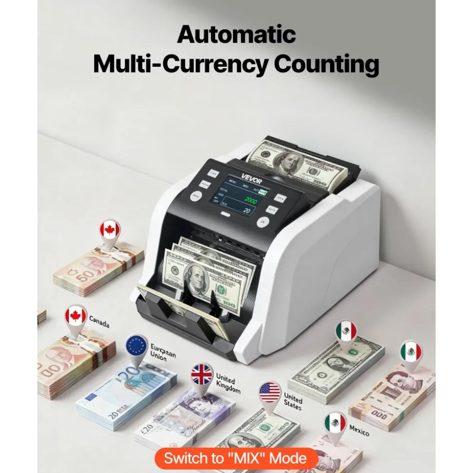 VEVOR Money Counter Machine, 1200 Notes/Minute, Cash Counter with Value Count, UV/MG/IR/DD/DBL/HLF/CHN Counterfeit Detection, TFT Display, Money Counting Machine Mixed Denomination for Dollar and Euro