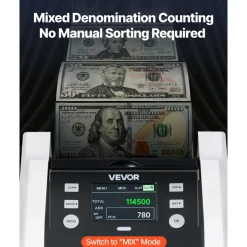 VEVOR Money Counter Machine, 1200 Notes/Minute, Cash Counter with Value Count, UV/MG/IR/DD/DBL/HLF/CHN Counterfeit Detection, TFT Display, Money Counting Machine Mixed Denomination for Dollar and Euro