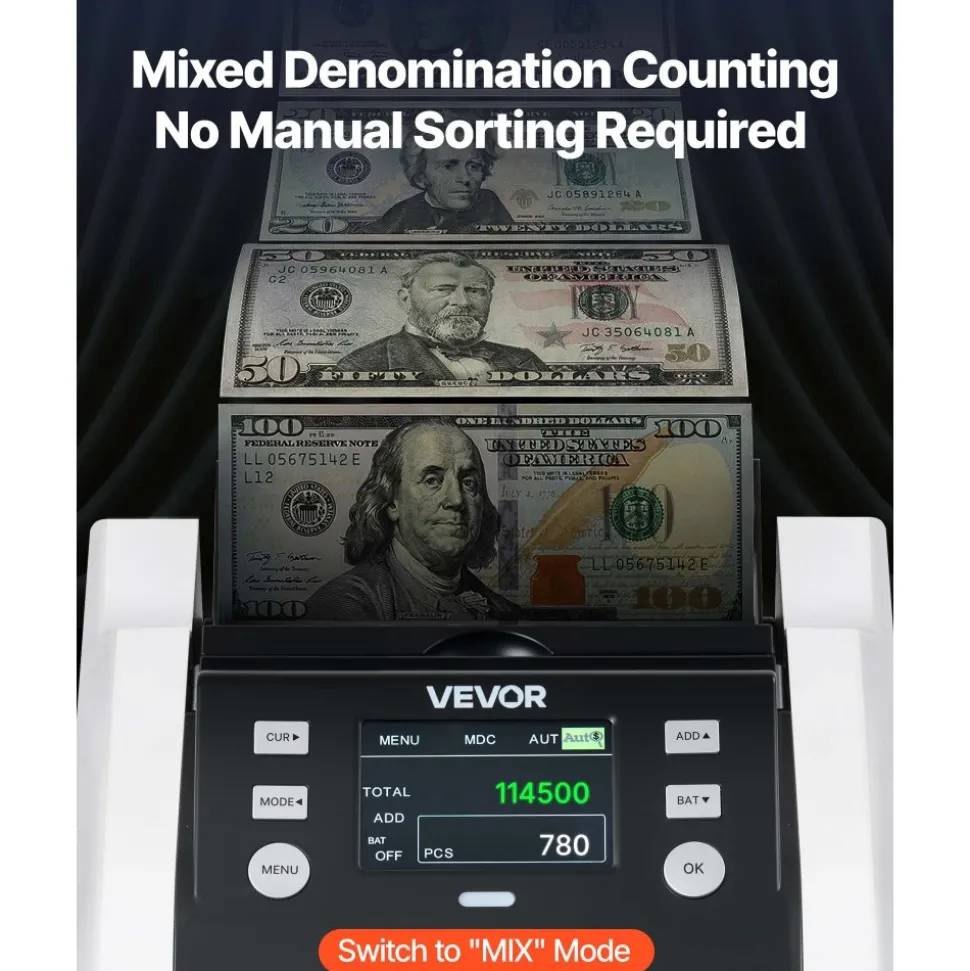 VEVOR Money Counter Machine, 1200 Notes/Minute, Cash Counter with Value Count, UV/MG/IR/DD/DBL/HLF/CHN Counterfeit Detection, TFT Display, Money Counting Machine Mixed Denomination for Dollar and Euro