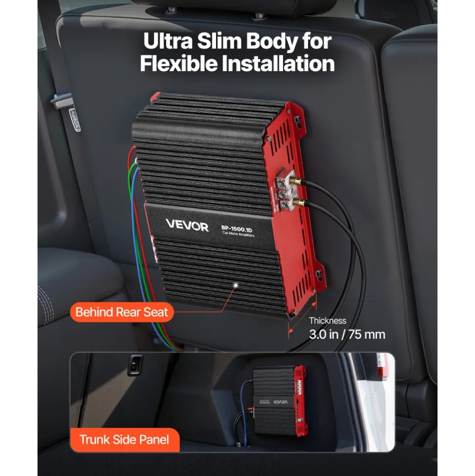 VEVOR Monoblock Car Amplifier, 1500W RMS MAX, 1/2/4 Ohm Stable, 1-Channel Class D Car Audio Amplifier with Remote Subwoofer Level Control, Low Pass Filter and Bass Boost, Volume Controller Included