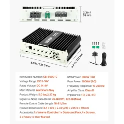 VEVOR Monoblock Car Amplifier, 800W RMS MAX, 1/2/4 Ohm Stable, 1-Channel Class D Car Audio Amplifier with Remote Subwoofer Level Control, Low Pass Filter, Bass Boost & Phase Shift, Volume Controller