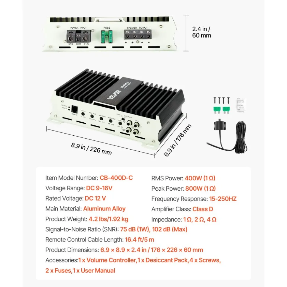 VEVOR Monoblock Car Amplifier, 400W RMS MAX, 1/2/4 Ohm Stable, 1-Channel Class D Car Audio Amplifier with Remote Subwoofer Level Control, Low Pass Filter, Bass Boost & Phase Shift, Volume Controller