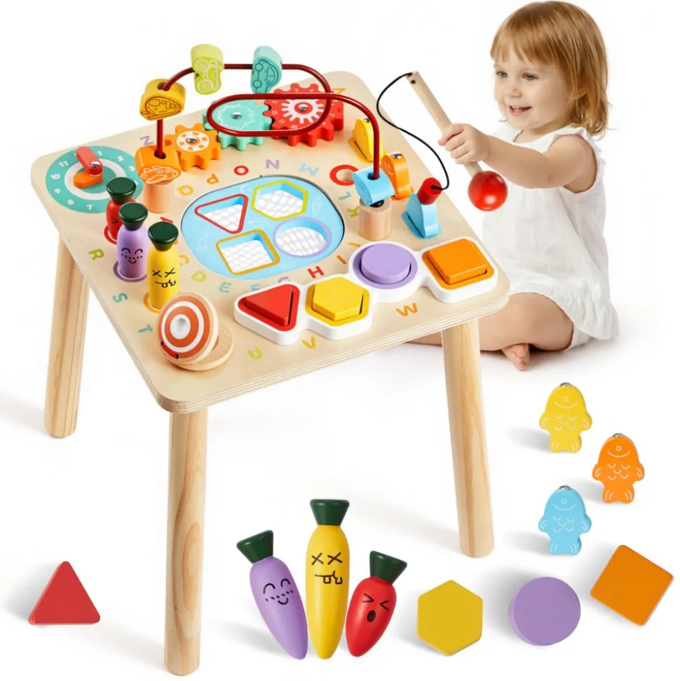 VEVOR Montessori Activity Table for Toddler 1-3 Years Old, 8 in 1 Wooden Learn Activity Desk, Baby Play Table for Boys & Girls Aged 6+ Months, Great Birthday, Christmas, Children's Day Present