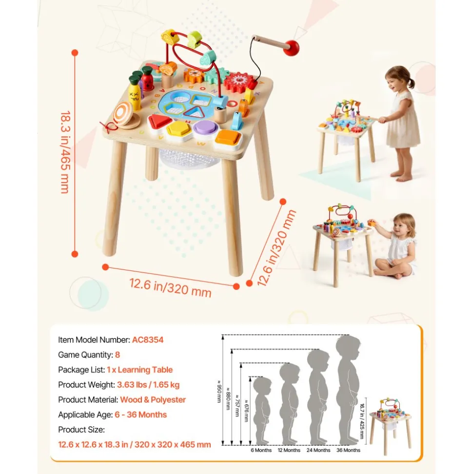 VEVOR Montessori Activity Table for Toddler 1-3 Years Old, 8 in 1 Wooden Learn Activity Desk, Baby Play Table for Boys & Girls Aged 6+ Months, Great Birthday, Christmas, Children's Day Present