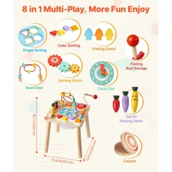 VEVOR Montessori Activity Table for Toddler 1-3 Years Old, 8 in 1 Wooden Learn Activity Desk, Baby Play Table for Boys & Girls Aged 6+ Months, Great Birthday, Christmas, Children's Day Present