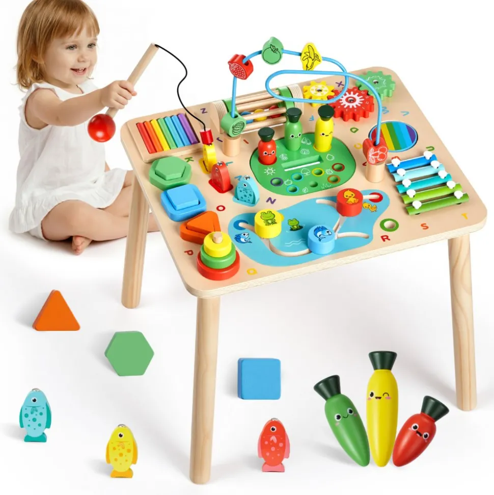 VEVOR Montessori Activity Table for Toddler 1-3 Years Old, 13 in 1 Wooden Learn Activity Desk, Baby Play Table for Boys & Girls Aged 6+ Months, Great Birthday, Christmas, Children's Day Present