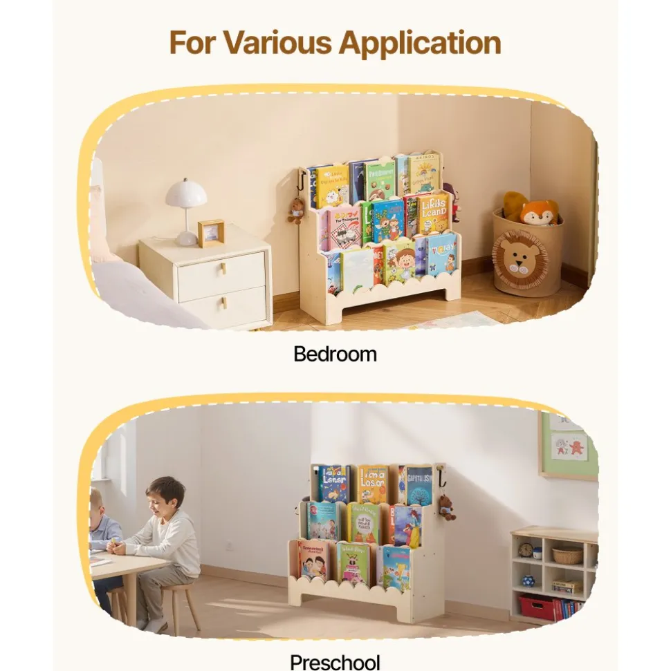 VEVOR Montessori Bookshelf, 3-Tier Scalloped Kids Bookshelf, Front Facing Toddler Bookcase, Dual Hooks for Hanging Backpacks, Baby Bookshelf for Kids Room, Living Room, Entryway, Nursury, Preschool