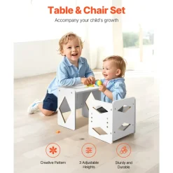 VEVOR Montessori Weaning Table and Chair Set, Wooden Toddler Table and Chair Set for Aged 1-5, Adjustable Height Kids Montessori Chair and Activity Table, Ideal for Reading, Eating, Playing - White