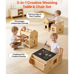 VEVOR Montessori Weaning Table and Chair Set, Wooden, 3 in 1 Kids Table and Chair Set for Toddlers 1-5, with Detachable Chalkboard, 0°& 35°Angles, Easy to Clean, for Eating Drawing Reading Playing