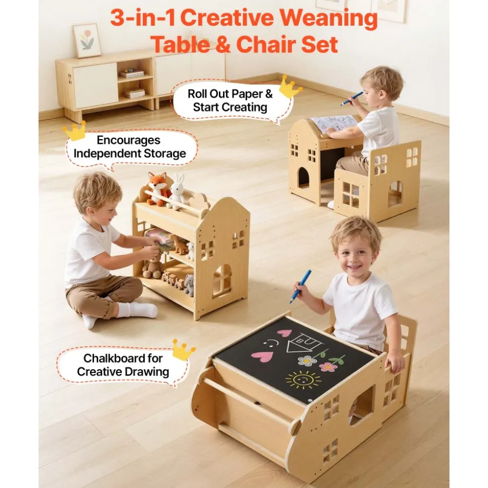 VEVOR Montessori Weaning Table and Chair Set, Wooden, 3 in 1 Kids Table and Chair Set for Toddlers 1-5, with Detachable Chalkboard, 0°& 35°Angles, Easy to Clean, for Eating Drawing Reading Playing