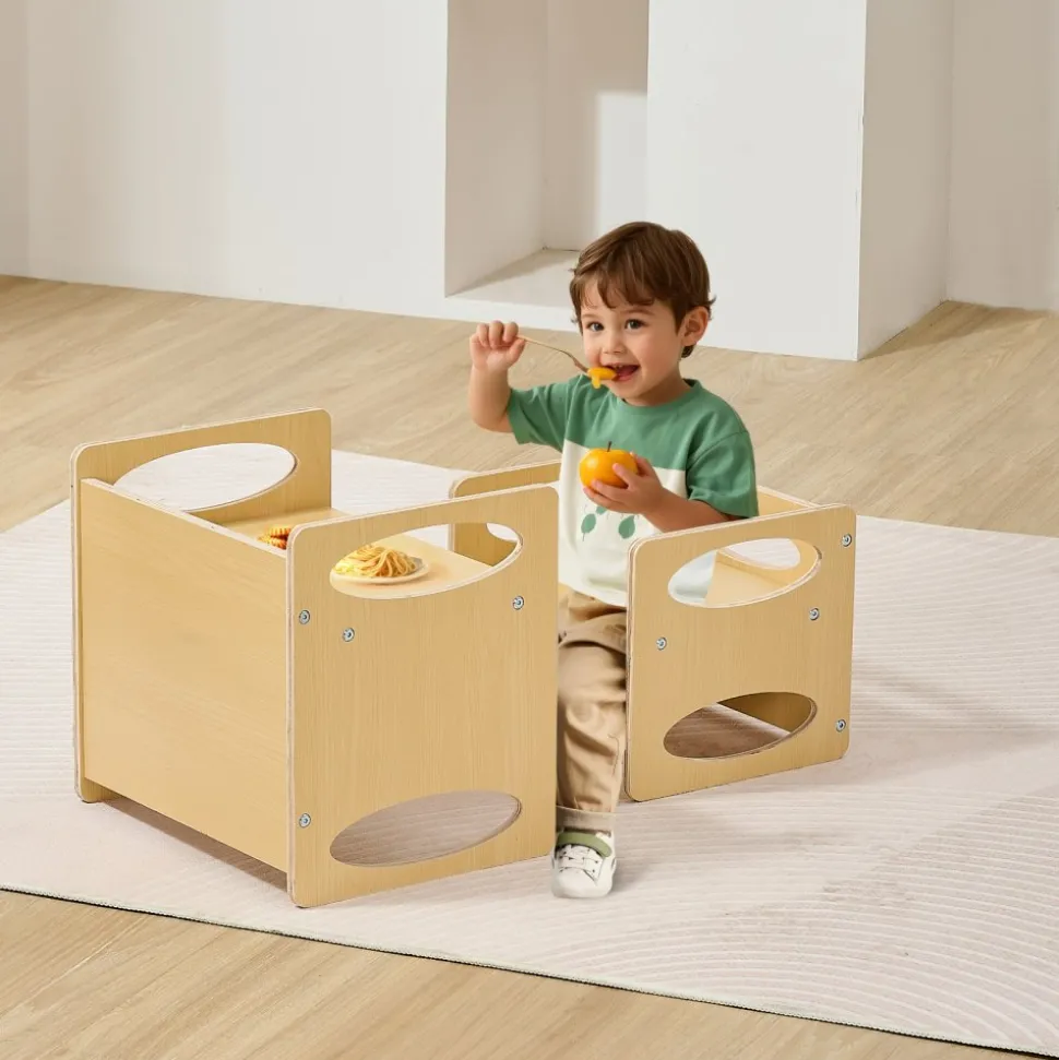 VEVOR Montessori Weaning Table and Chair Set, Wooden Toddler Table and Chair Set for Aged 1-5, Adjustable Height Kids Montessori Chair and Activity Table, Ideal for Reading, Eating, Playing - Natural