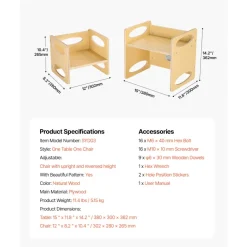 VEVOR Montessori Weaning Table and Chair Set, Wooden Toddler Table and Chair Set for Aged 1-5, Adjustable Height Kids Montessori Chair and Activity Table, Ideal for Reading, Eating, Playing - Natural