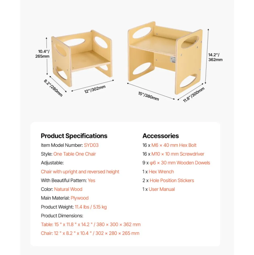 VEVOR Montessori Weaning Table and Chair Set, Wooden Toddler Table and Chair Set for Aged 1-5, Adjustable Height Kids Montessori Chair and Activity Table, Ideal for Reading, Eating, Playing - Natural