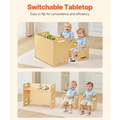 VEVOR Montessori Weaning Table and Chair Set, Wooden Toddler Table and Chair Set with 2 Chairs, Adjustable Height Montessori Chair and Activity Table, Ideal for Reading, Eating, Playing - Natural
