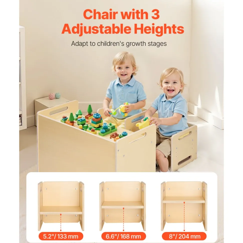 VEVOR Montessori Weaning Table and Chair Set, Wooden Toddler Table and Chair Set with 2 Chairs, Adjustable Height Montessori Chair and Activity Table, Ideal for Reading, Eating, Playing - Natural